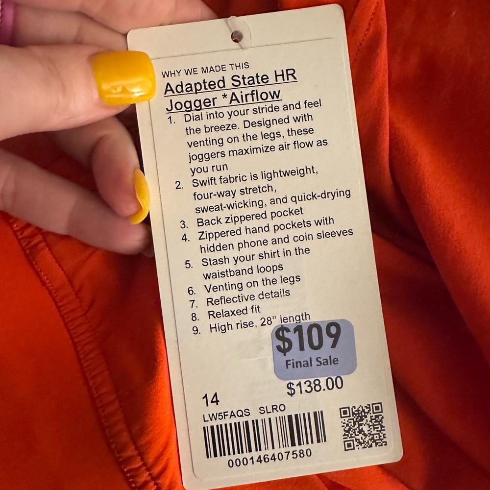 Lululemon Adapted State Jogger Vent Solar Orange NWT 14